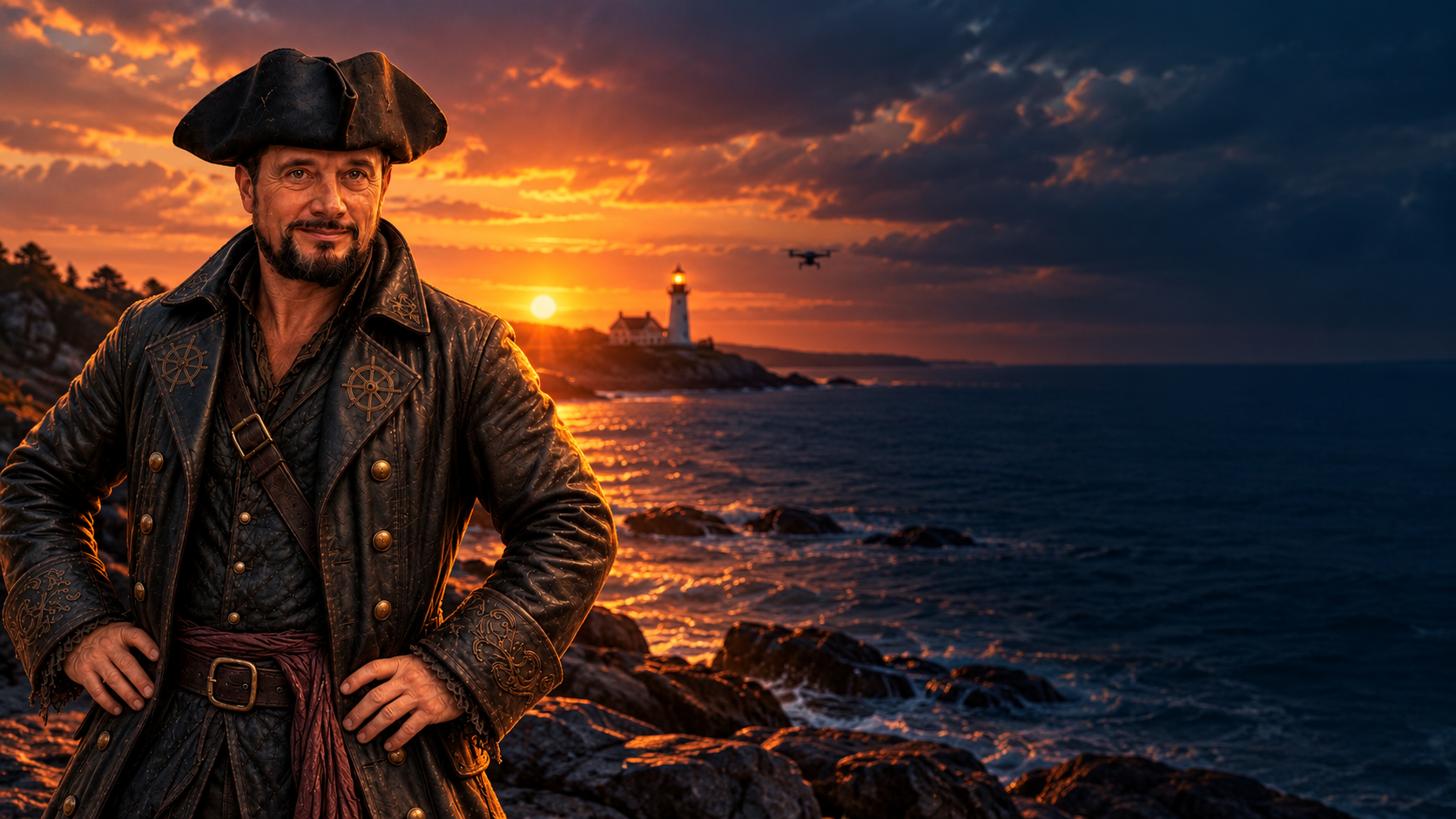 Ct Pirate reimagined as a pirate on a rocky coast at sunset, with a drone in the sky