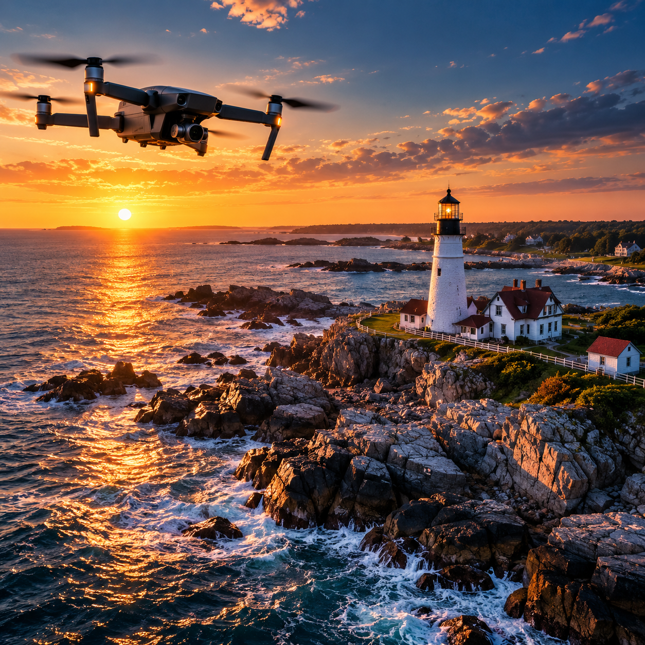 Illustrated drone flying over a lighthouse and rocky coastline at sunset