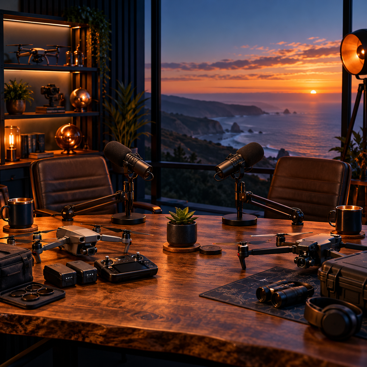 Illustrated drone show studio with microphones and drones beside a coastal window